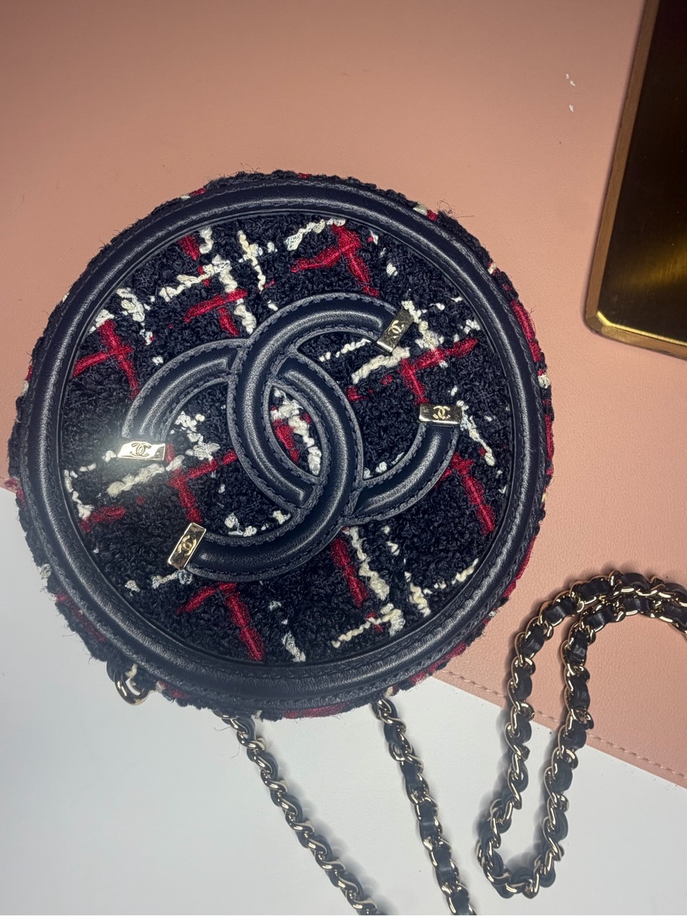 Chanel Filigree Round Clutch with Chain Tweed Navy Red Crossbody Bag